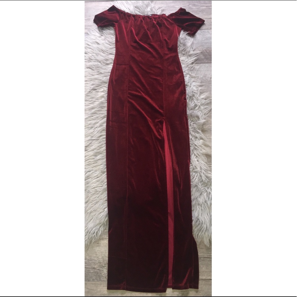 Off the shoulder burgundy maxi velvet slit dress